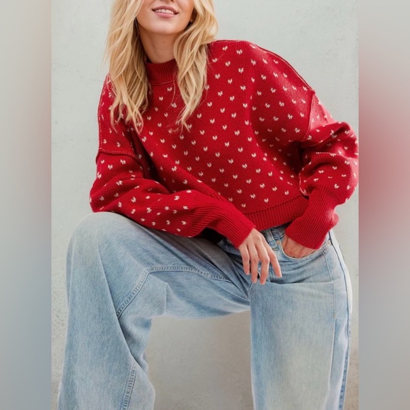 🆕 FREE PEOPLE Easy Street Sweater in Cherry 🍒 Combo Size Large Oversized - Picture 1 of 10